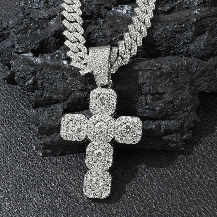 Halo Square Cluster Diamond Cross Pendant Cuban Link Necklace, Hip Hop Faith Religious Statement Jewelry