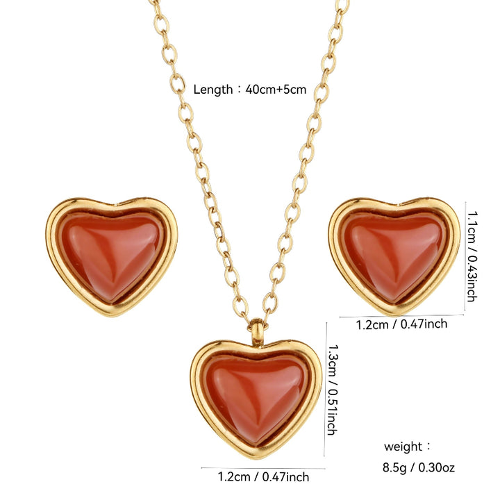 Warm Carnelian Heart Gold Jewelry Set, Dainty Romantic Matching Necklace & Stud Earrings