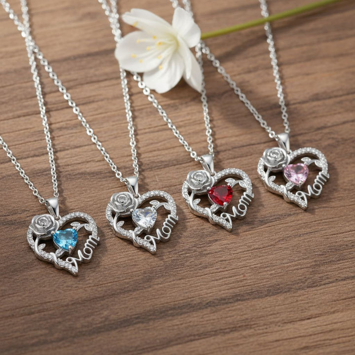 Mom Rose Heart Diamond Pendant Necklace, Hollow Open Heart Floral Jewelry Gift For Mother’s Day Birthday