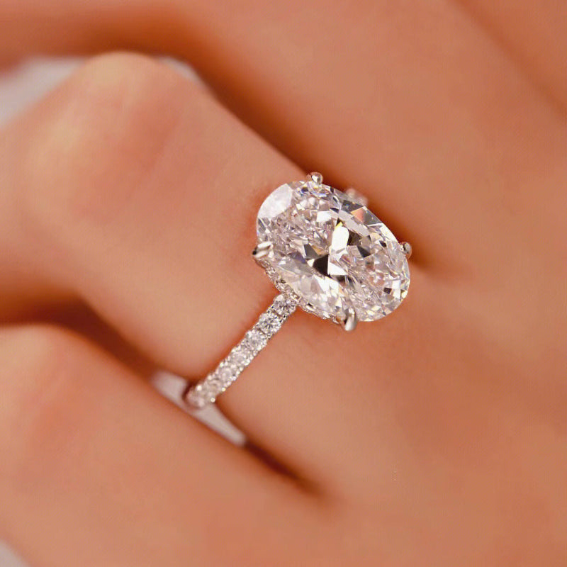 4 Prong Oval Cut Side Pave Diamond Silver Solitaire Engagement Ring