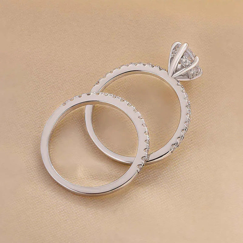 Marquise Diamond Dual Row Pave Bridal Ring Set, Silver Stackable Wedding Duo