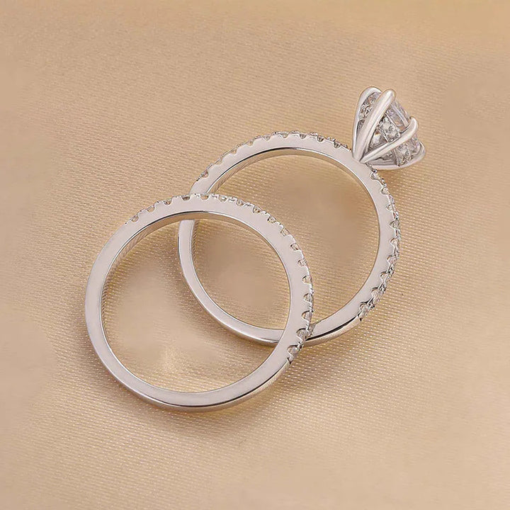 Marquise Diamond Dual Row Pave Bridal Ring Set, Silver Stackable Wedding Duo