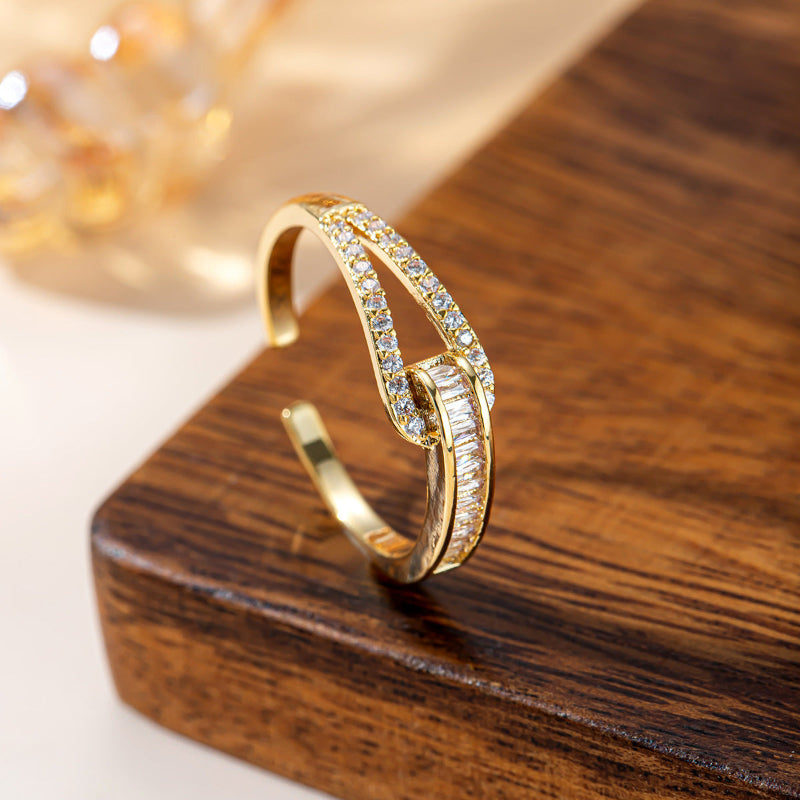 Twist Interlocked Diamond Open Ring, Adjustable 18K Gold Stackable Statement Band