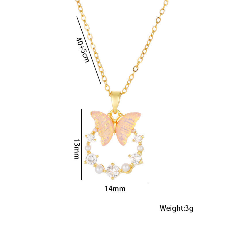 Iridescent Butterfly Wreath Pendant Necklace, Pearl & Diamond Decor Elegant Necklace For Women