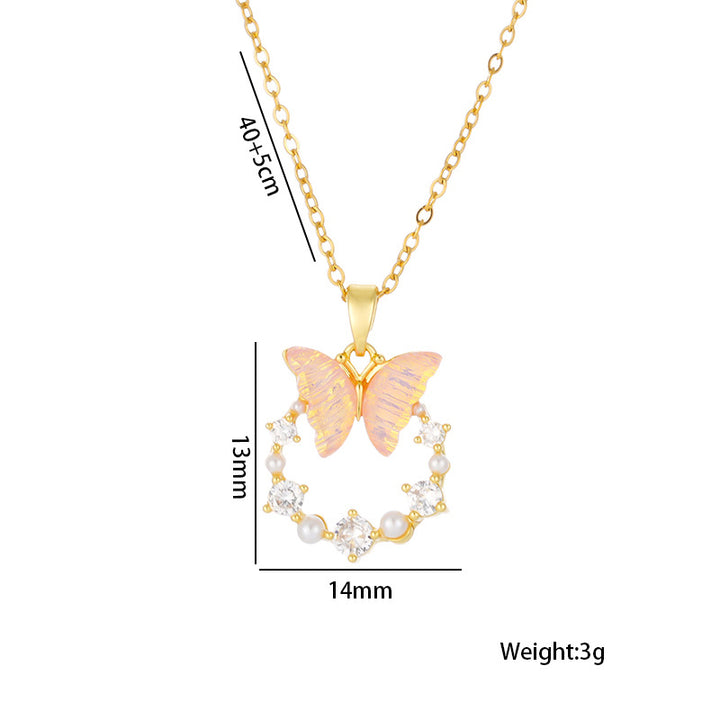 Iridescent Butterfly Wreath Pendant Necklace, Pearl & Diamond Decor Elegant Necklace For Women