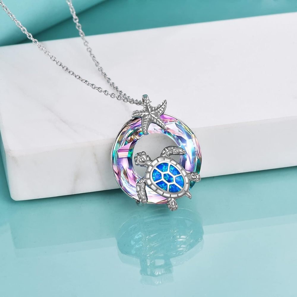 S925 Silver Colorful Gemstone Sea Turtle Pendant Necklace, Ideal Gift Choice