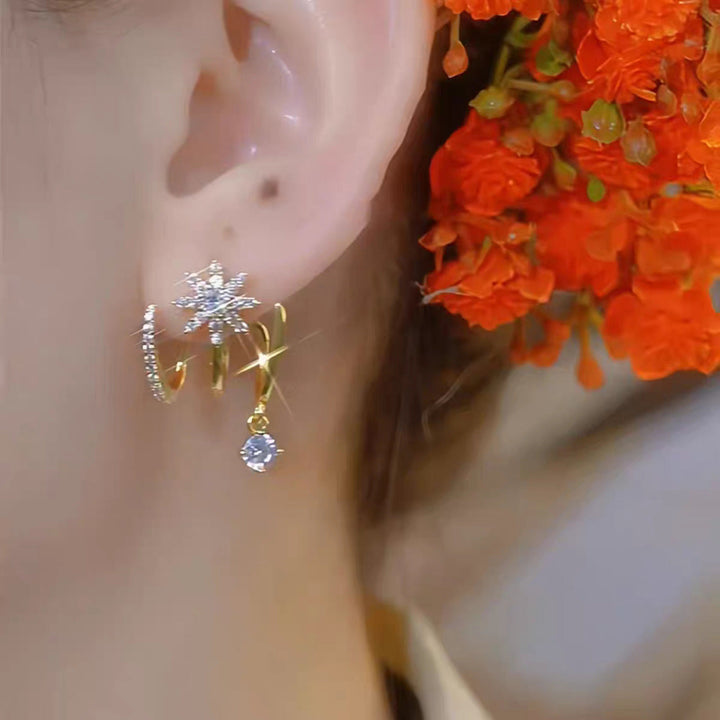 Luxury Minimalist Super Sparkling Eight-Pointed Star Earrings, Multi‑Band Design With Dangling Diamond Drop