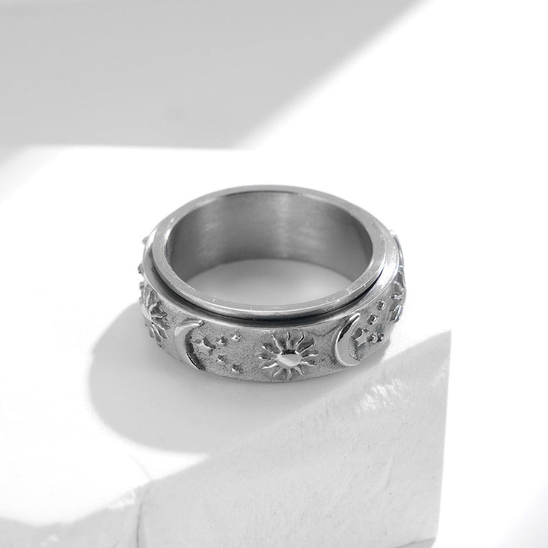 Sun, Moon, and Star Rotatable Ring, Vintage Engraved Rotatable Stress‑Relief Ring