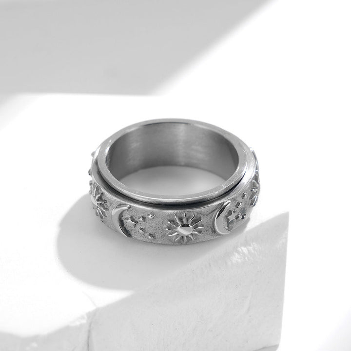 Sun, Moon, and Star Rotatable Ring, Vintage Engraved Rotatable Stress‑Relief Ring