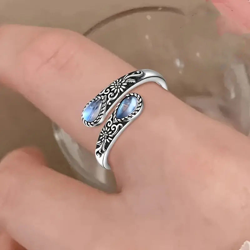 Vintage Flower Open Adjustable Teardrop Gemstone Ring