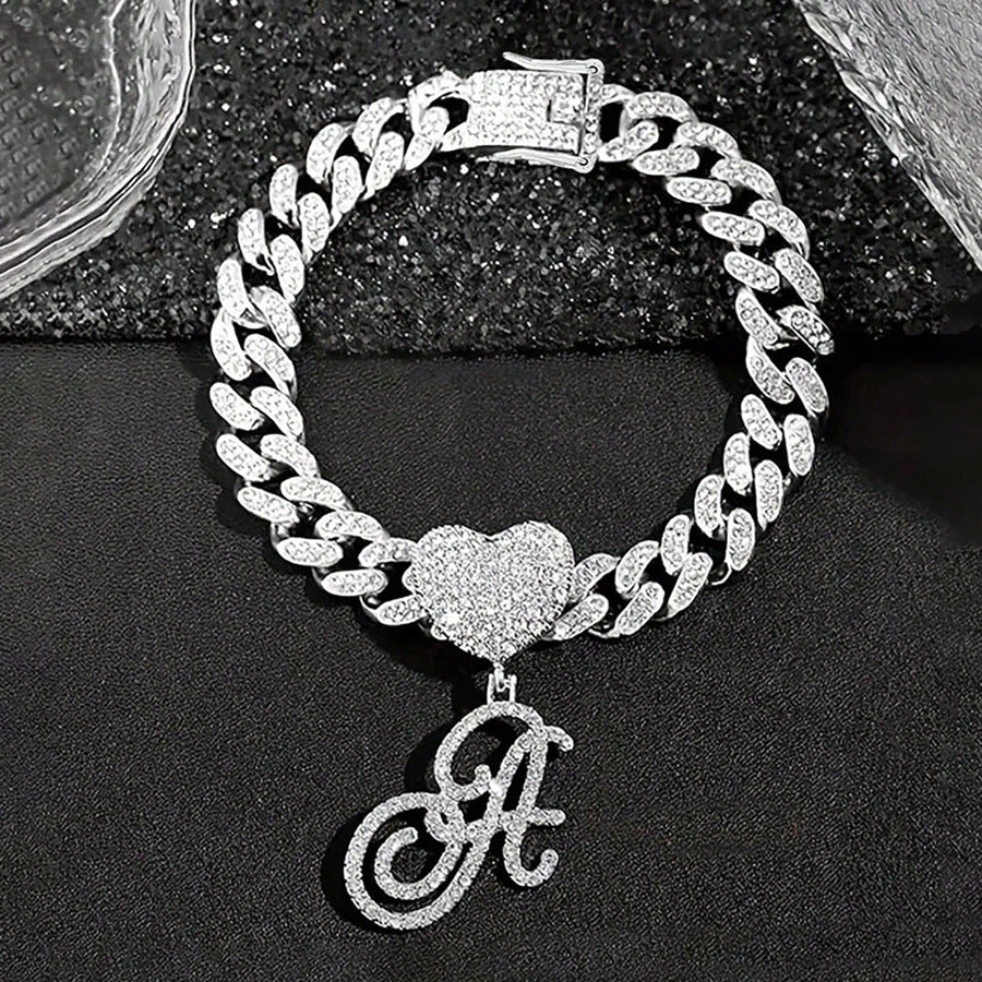 Cursive Initial Letter Diamond Cuban Chain Bracelet &amp; Anklet, Hip-Hop/Punk Style