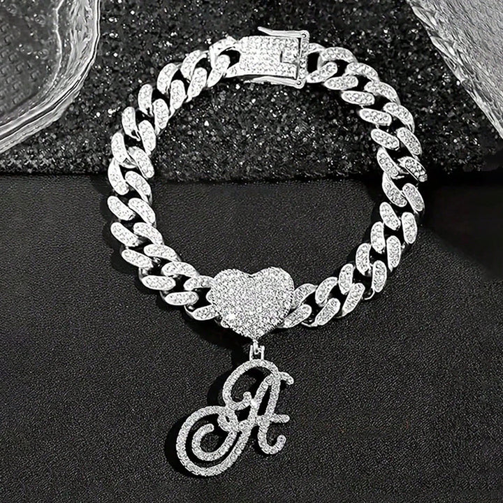 Cursive Initial Letter Diamond Cuban Chain Bracelet &amp; Anklet, Hip-Hop/Punk Style