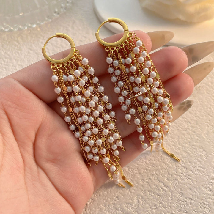 Elegant Long Pearl Tassel Hoop Earrings, Multi‑Layer Fringe Drop Earrings for Women