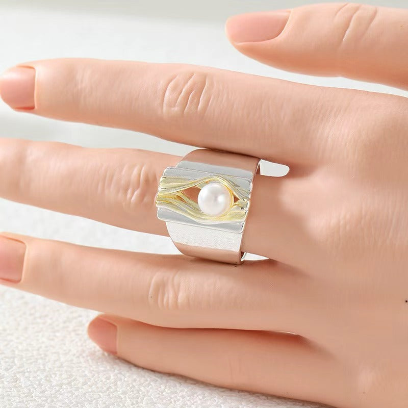 Two-tone Wide Band Pearl Statement Ring, Abstract Artisan Ring for Women
