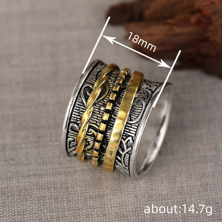 Two‑Tone Vintage Engraved Spinner Wide Band Ring, Boho Textured Rotating Fidget Statement Ring