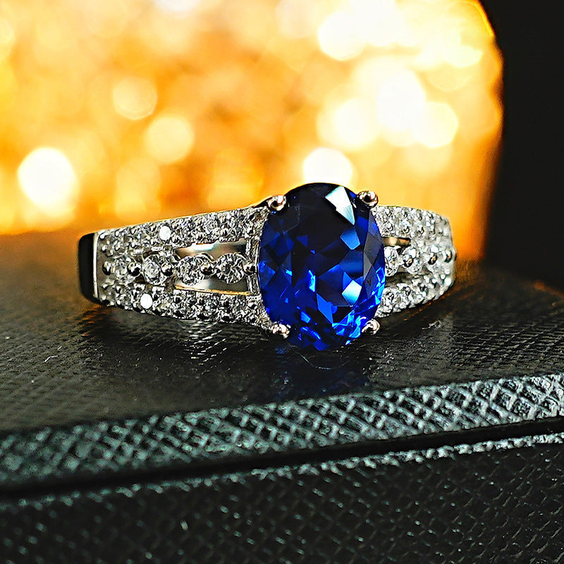 Oval Blue Sapphire Split Shank Halo Ring, Adjustable Opening Diamonds Statement Ring For Women