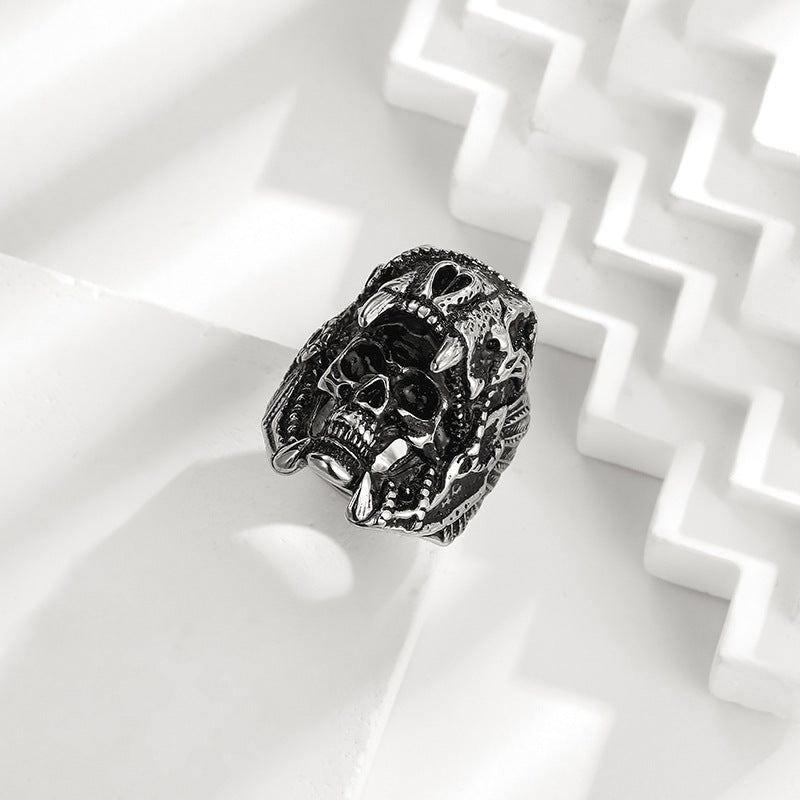 Vintage Carved Skull Totem Men’s Closed Band Ring, Distressed Punk-Style Ring
