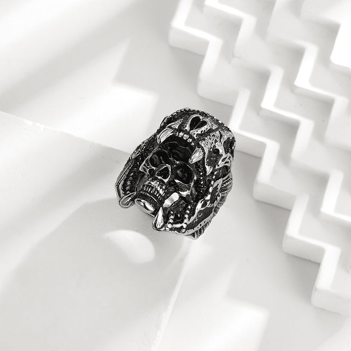 Vintage Carved Skull Totem Men’s Closed Band Ring, Distressed Punk-Style Ring