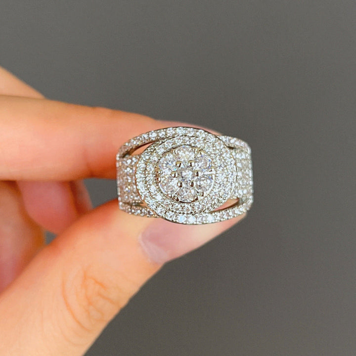 Double Halo Full Paved Stone Wide Ring, 18K Gold Silver Two Tone Statement Band