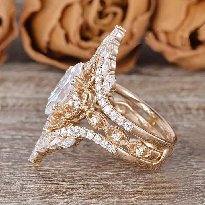 Marquise‑Cut Diamond 3‑Piece Bridal Stacking Ring Set, Vintage-Style Fashion Ring