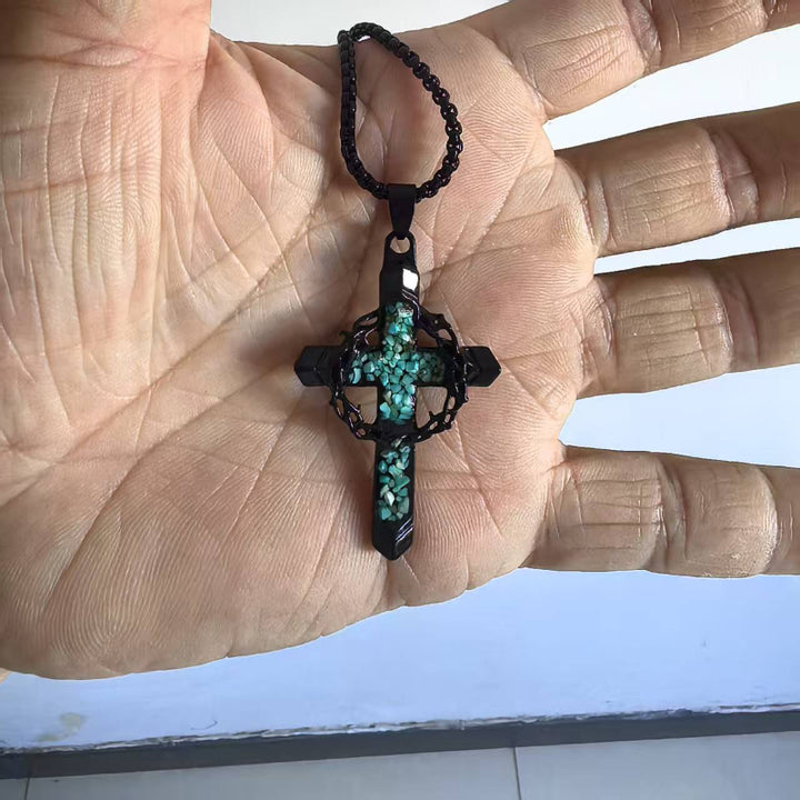 Thorn Wrapped Turquoise Gem Black Cross Pendant Necklace, Street Style Men’s Chain