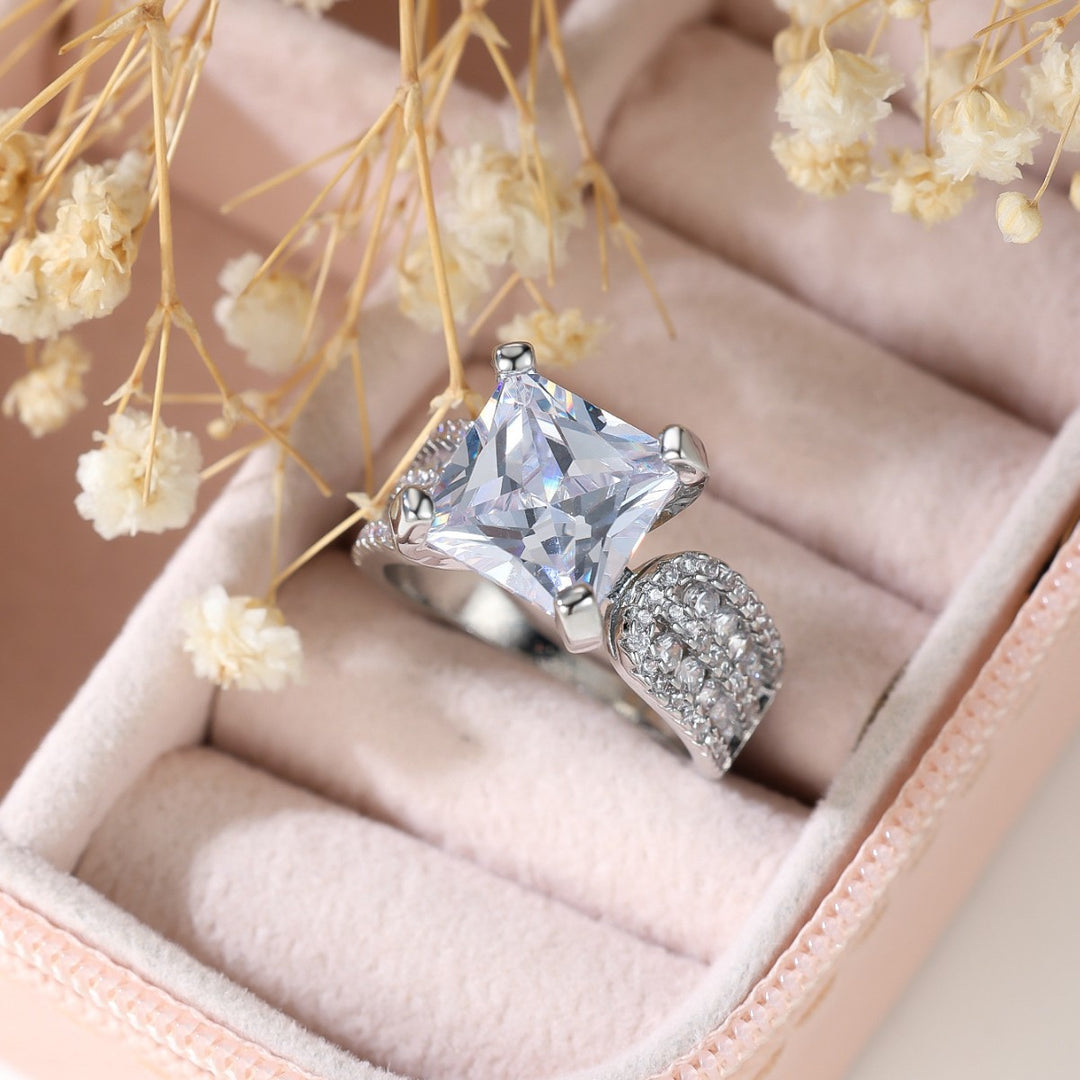 Stunning Square Cut Statement Ring, Elegant Sparkling Diamond Ring for Women
