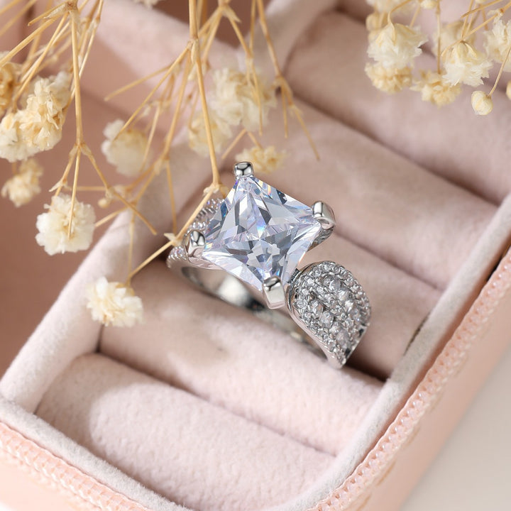Stunning Square Cut Statement Ring, Elegant Sparkling Diamond Ring for Women