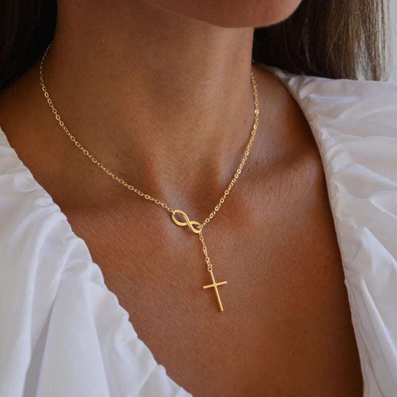 Infinity Y‑Drop Cross Necklace, Dainty Lariat Necklace With Paved Diamond Cross Pendant