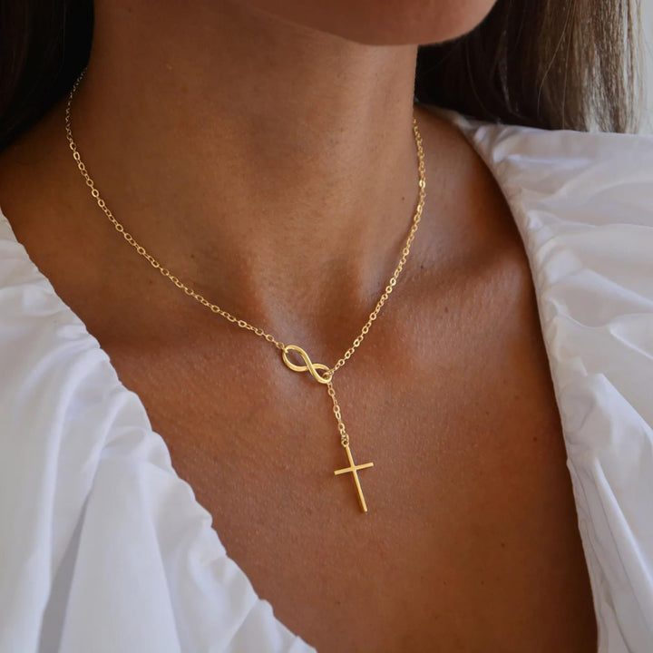 Infinity Y‑Drop Cross Necklace, Dainty Lariat Necklace With Paved Diamond Cross Pendant