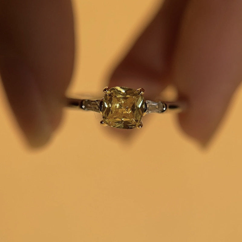 Cushion Yellow Diamond Solitaire Ring, Slim Baguette Accent Minimal Promise Band