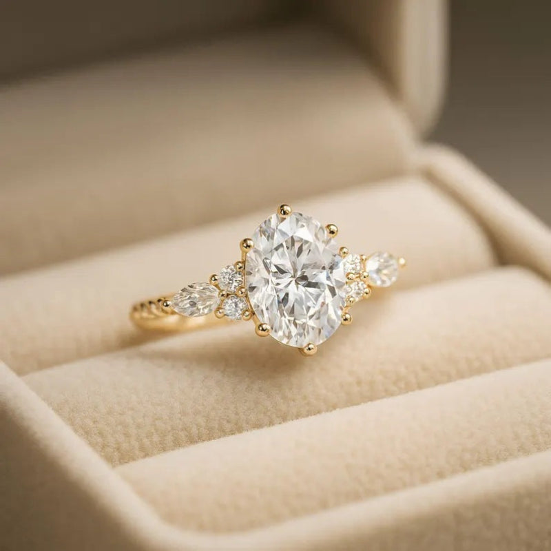 Oval Diamond Three-Stone Twisted Vine Yellow Gold Engagement Ring, Dainty Marquise Cluster Floral Promise Ring