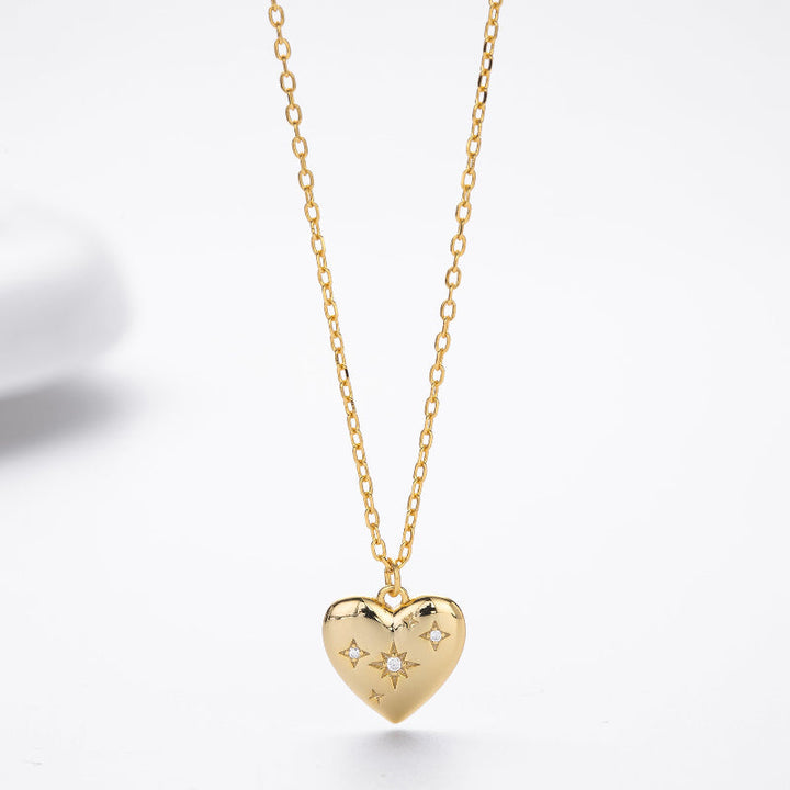 Star Engraved Puffy Heart Pendant Necklace, Dainty Celestial Collarbone Chain