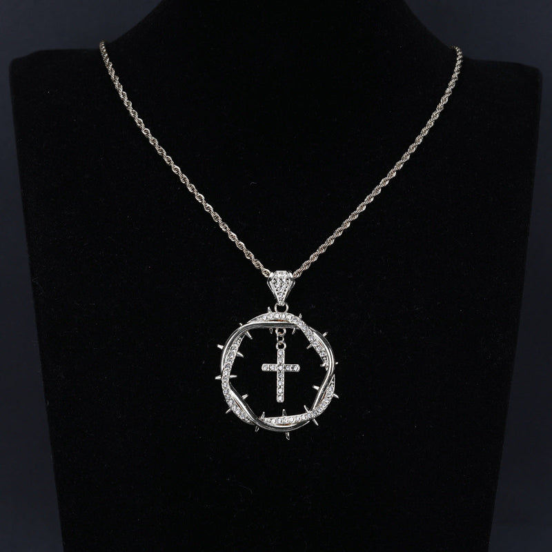 Intertwined Thorns Diamond-Studded Cross Pendant, Retro Creative Necklace Jewelry