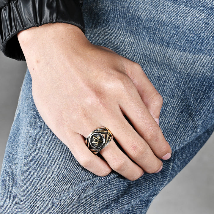 Vintage Pentagram Signet Ring, 3 Finishes Ornate Border Men’s Vintage Occult Amulet Ring