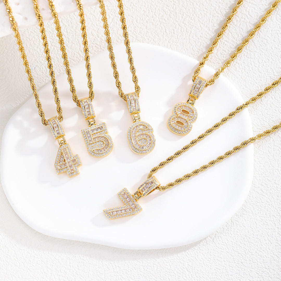 Iced Out Number Pendant Necklace, Hip Hop Twist Chain Numeral Necklace for Men Women