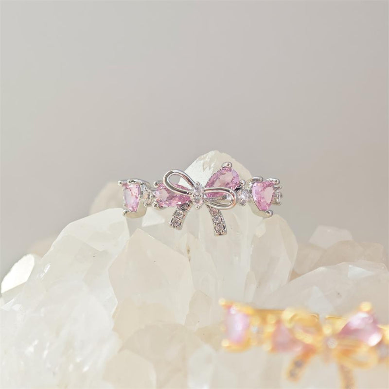 Dainty Pink Heart Diamond Bow Diamond Band Ring, Adjustable Opening Women Promise Ring