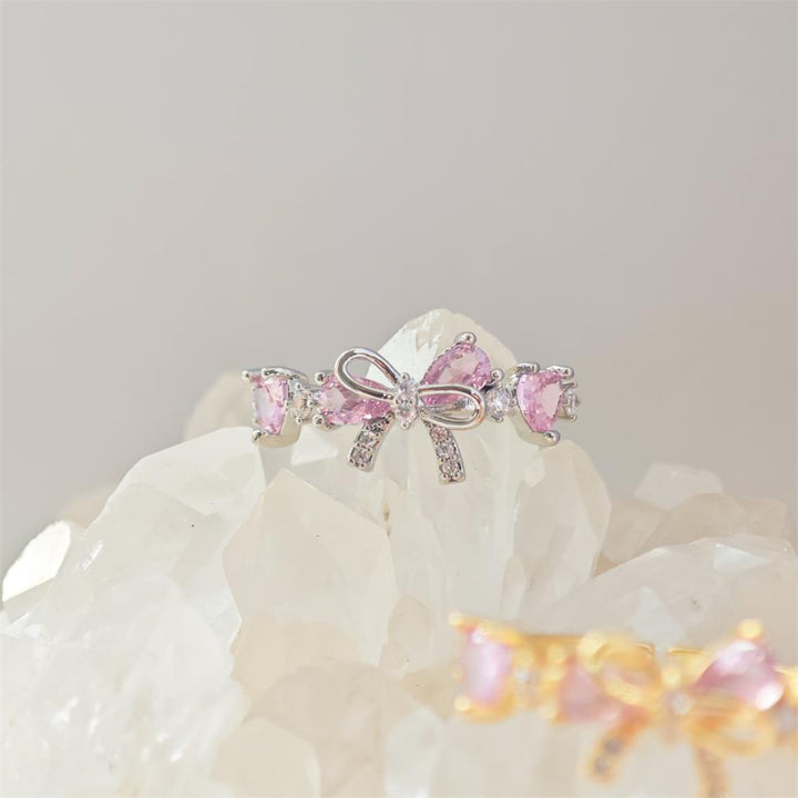 Dainty Pink Heart Diamond Bow Diamond Band Ring, Adjustable Opening Women Promise Ring