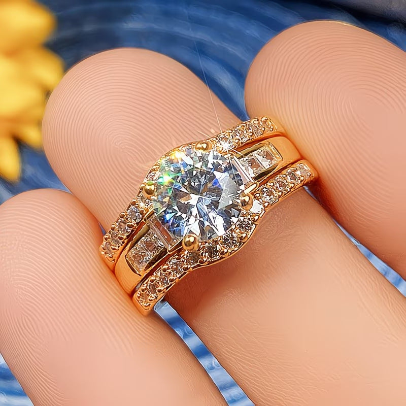 Round‑Cut Diamond 3‑Piece Ring Set, Multi‑Row Pave Accent Stackable Engagement Wedding Ring