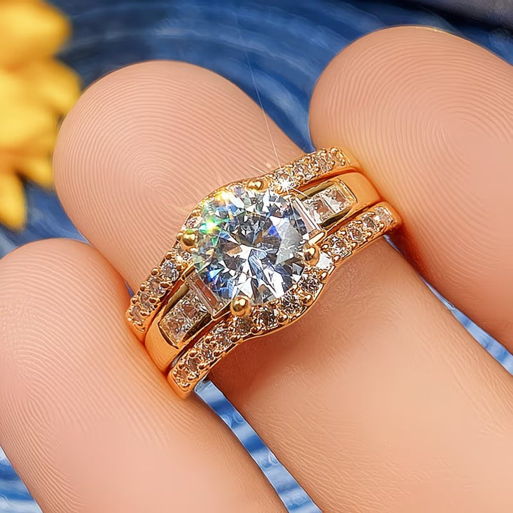 Round‑Cut Diamond 3‑Piece Ring Set, Multi‑Row Pave Accent Stackable Engagement Wedding Ring