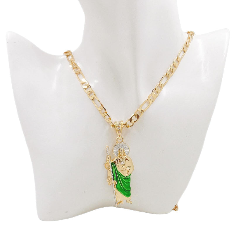 Plated Saint Jude Green Enamel Pendant Necklace, Religious Patron Saint Unisex Faith Statement Jewelry