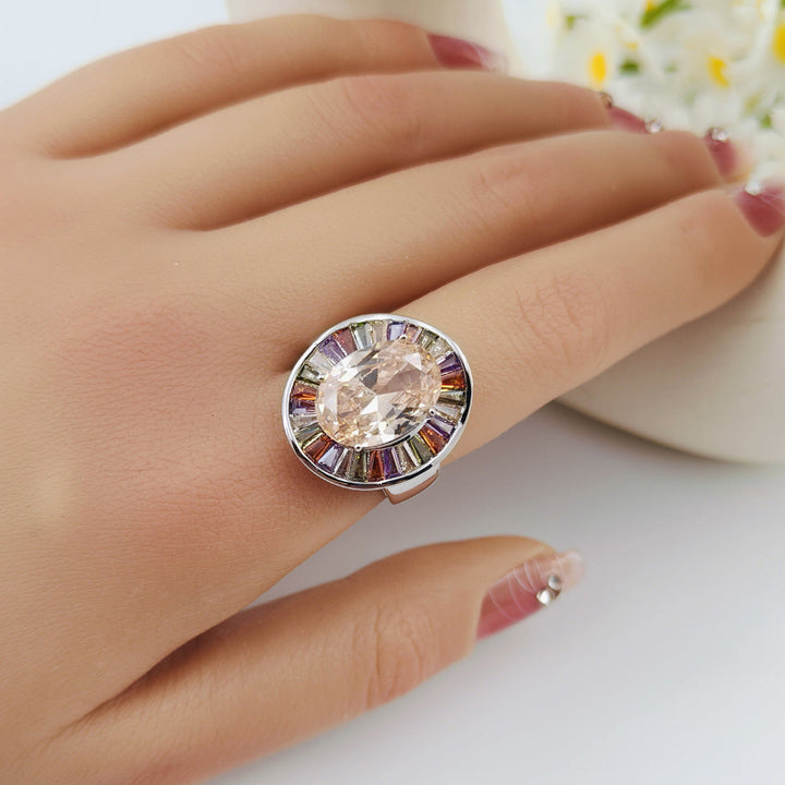 Oval Champagne Diamond Rainbow Baguette Halo Ring, Wide Silver Bold Cocktail Statement Band