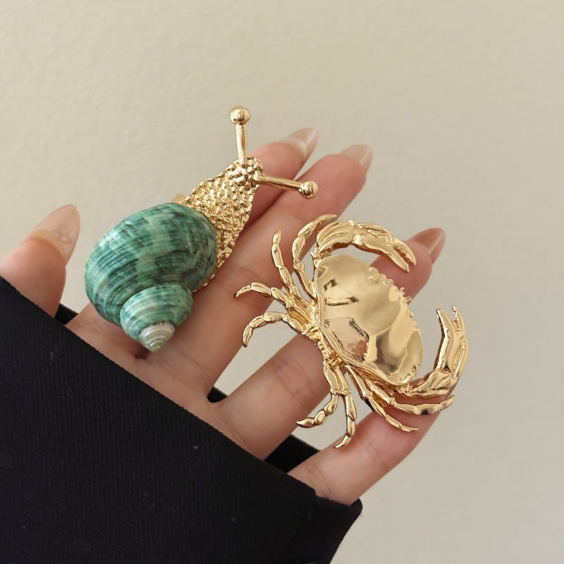 2 Styles Ocean Animal Sculpted Statement Ring, 18K Gold Crab & Natural Shell Snail