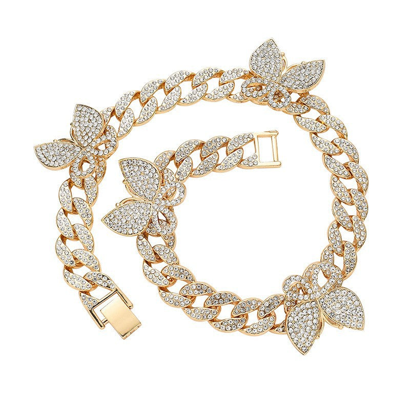 Sparkling Diamond Cuban Necklace, Sweet and Cool Butterfly Jewelry, Bip-Hop Cuban Necklace