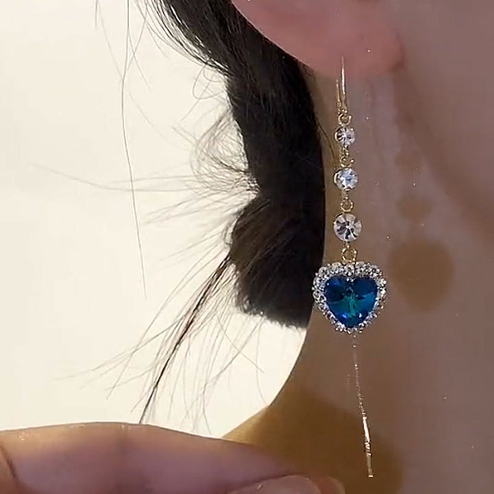Heart‑Shaped Blue Diamond Threader Drop Earrings, Long Tassel Gold‑Tone Dangle Earrings