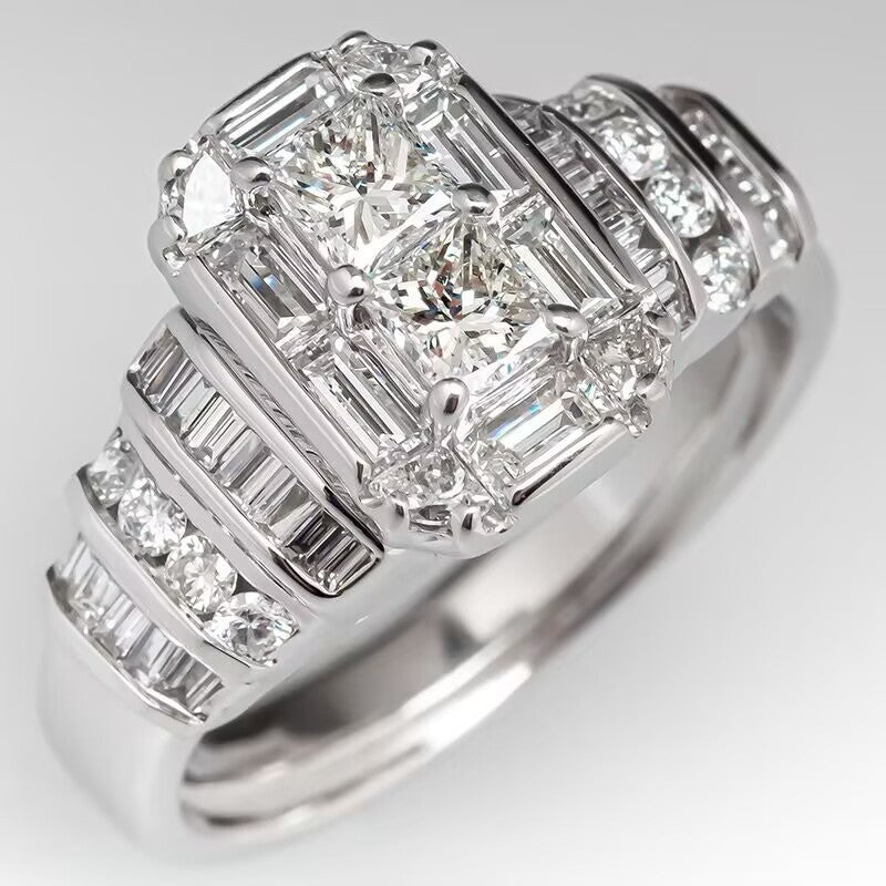 Multi-Stone Statement Ring, Vintage Rectangular Cut Stylish Engagement Proposal Diamond Rings