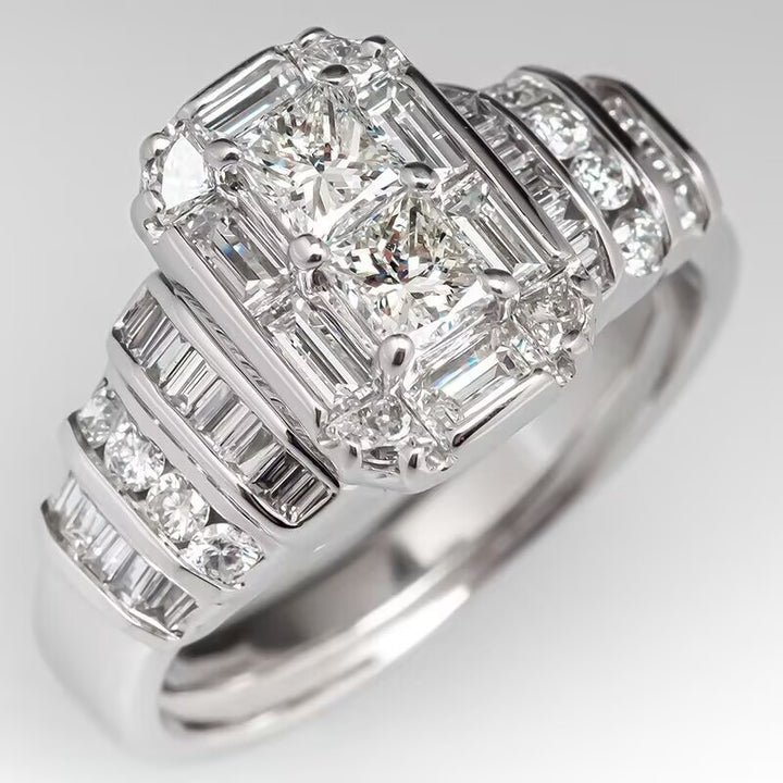 Multi-Stone Statement Ring, Vintage Rectangular Cut Stylish Engagement Proposal Diamond Rings