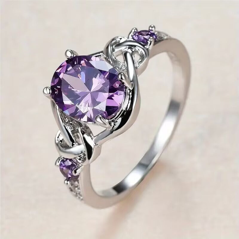 Oval Purple Gemstone Statement Ring, Celtic Knot Design Ring with Side Accent Stones for Women