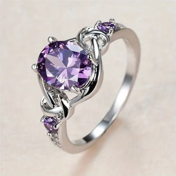 Oval Purple Gemstone Statement Ring, Celtic Knot Design Ring with Side Accent Stones for Women