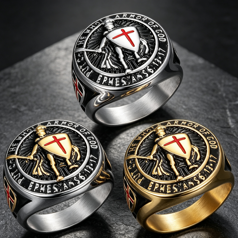 3‑Tone Warrior Cross Shield Religious Statement Ring for Men