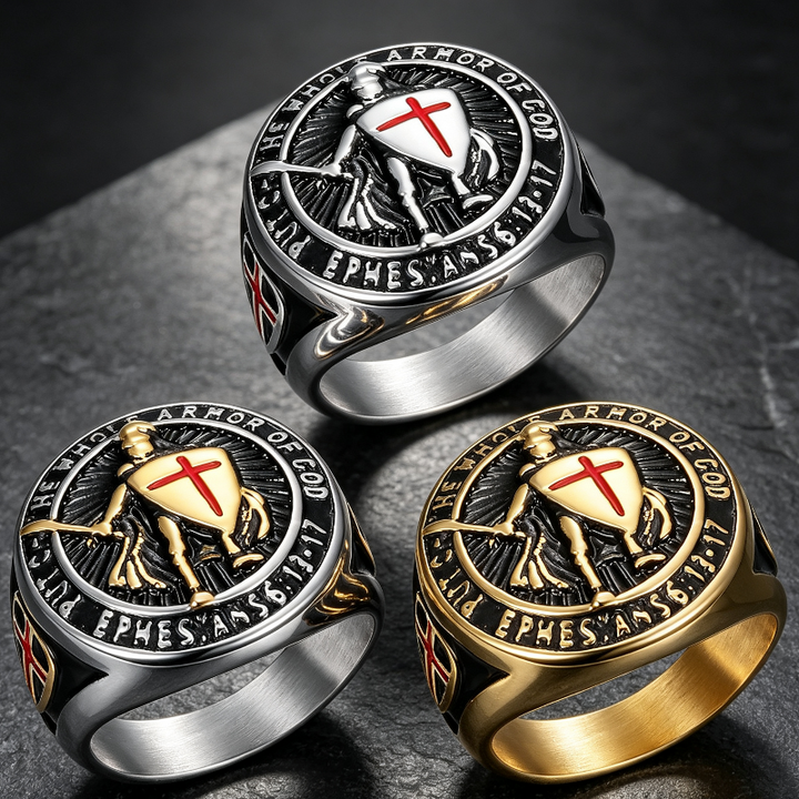 3‑Tone Warrior Cross Shield Religious Statement Ring for Men